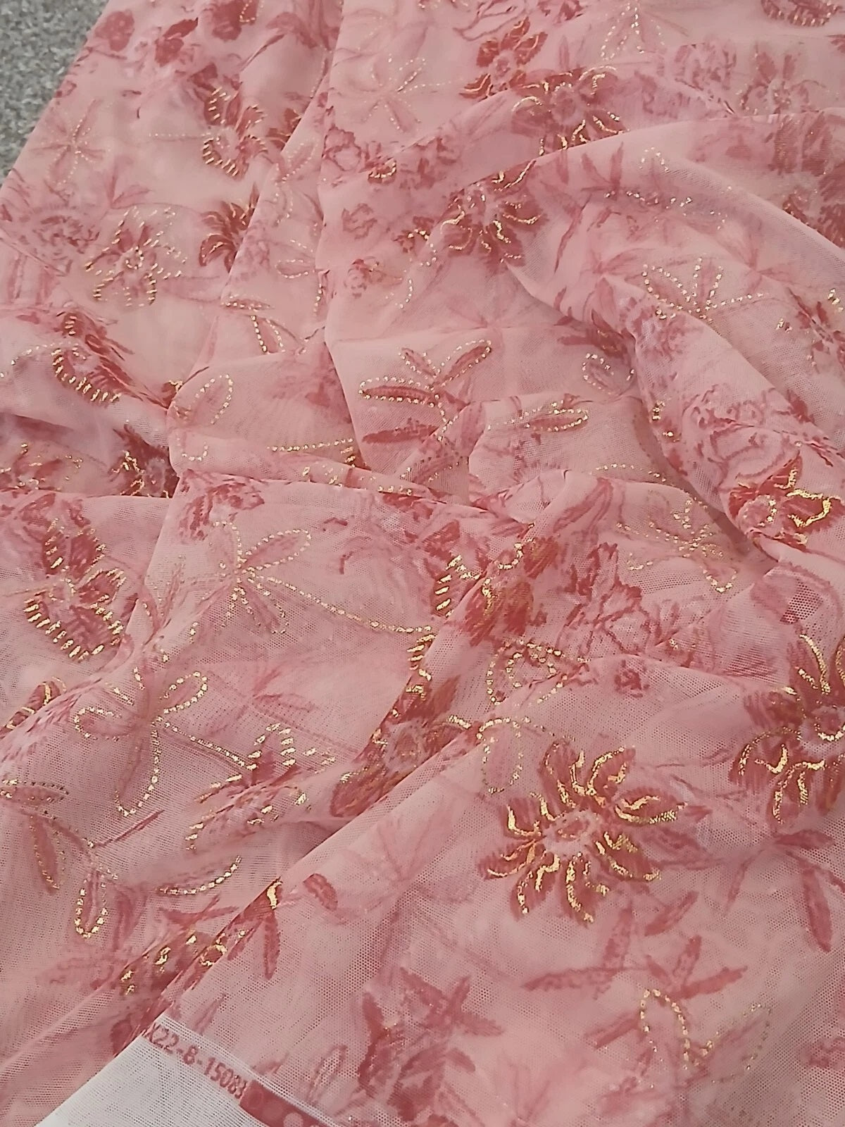 1 yard glittery Tulle Net Mesh Fabric with Gold Floral print design dressmaking