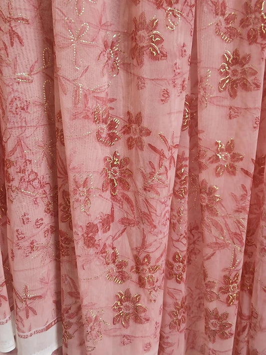1 yard glittery Tulle Net Mesh Fabric with Gold Floral print design dressmaking