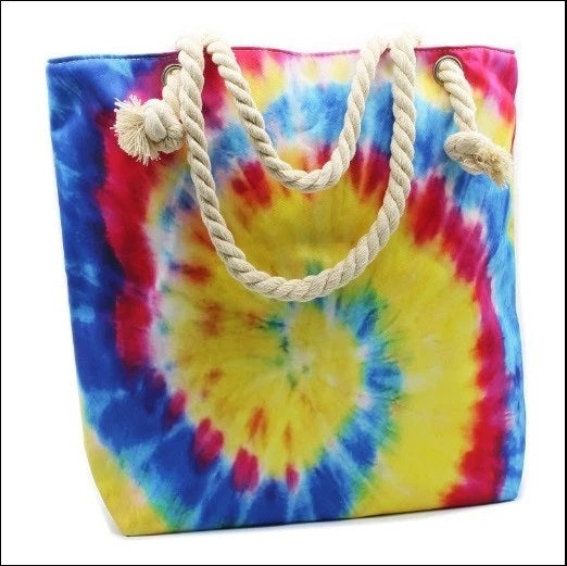 Tie-Dye Beach Bag | Psychedelic Sunburst Tote with Rope Handles & Zipper