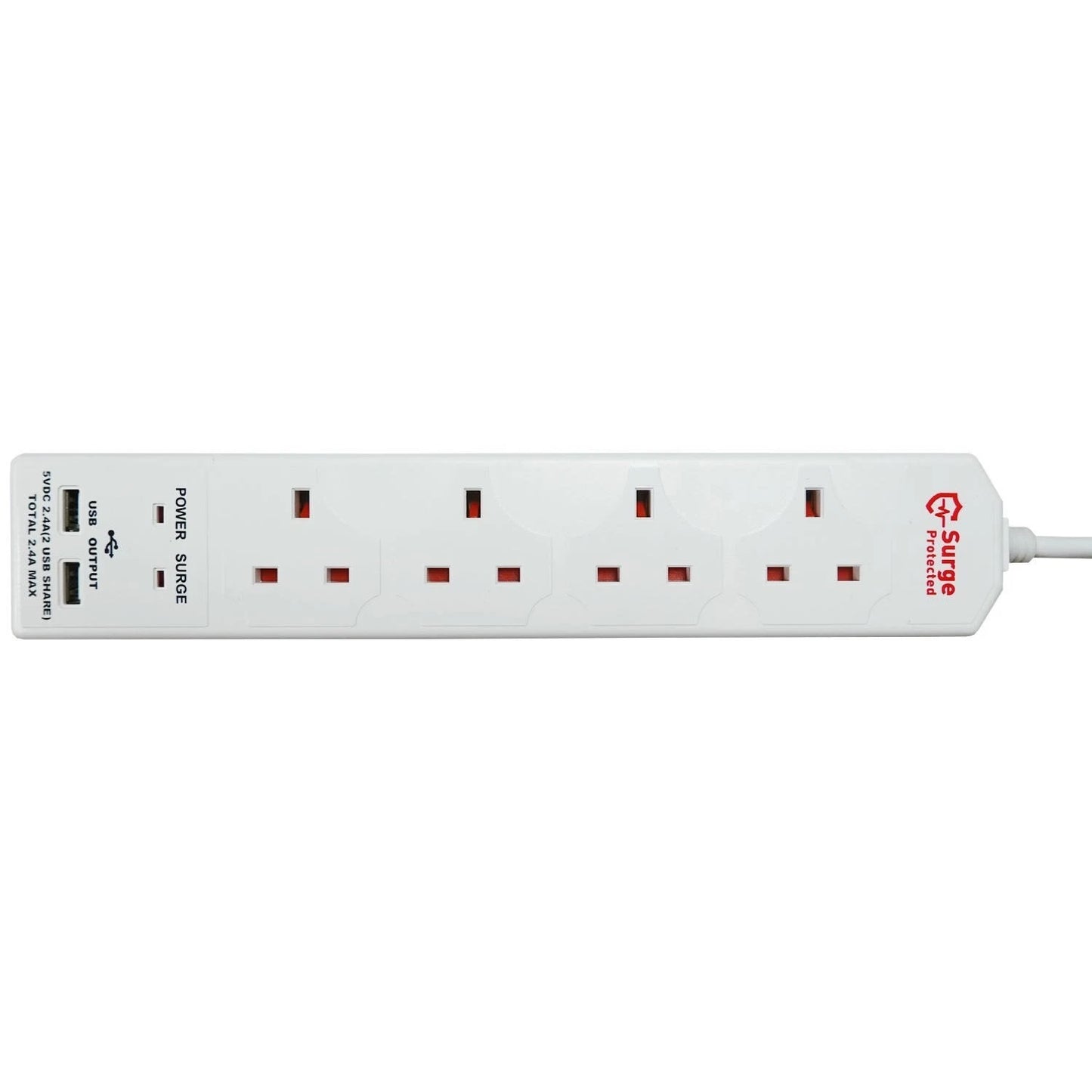 Status 4-Gang Surge Protected Extension Lead – 2m Cable with 2 USB Ports, White