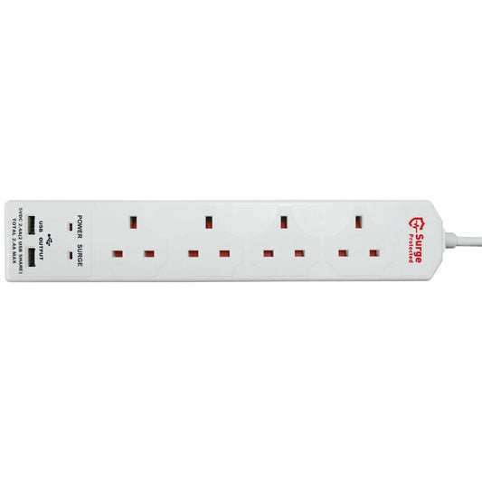 Status 4-Gang Surge Protected Extension Lead – 2m Cable with 2 USB Ports, White